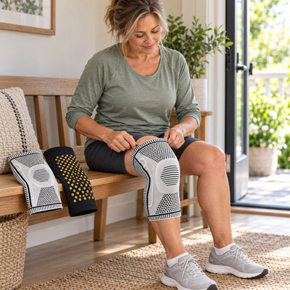 Woman putting on a KneeGlide knee sleeve