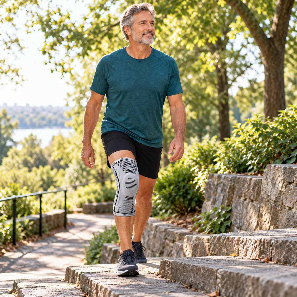 Man walking outdoors wearing the KneeGlide knee sleeve