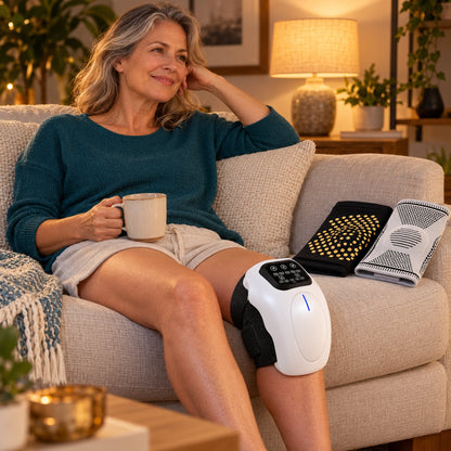Woman relaxing on a sofa with the KneeGlide knee massager