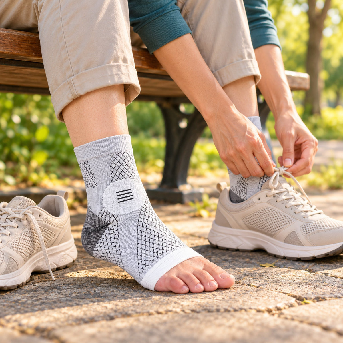 Person lacing shoes wearing KneeGlide ankle socks