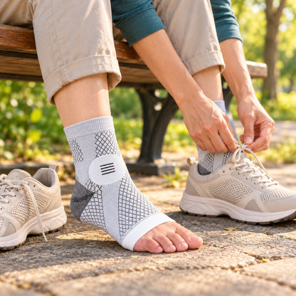 Person lacing shoes wearing KneeGlide ankle socks