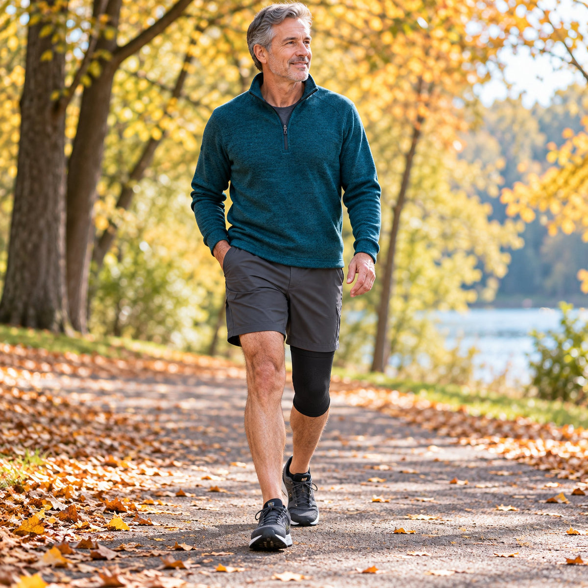 Man walking in autumn wearing a KneeGlide warming knee sleeve