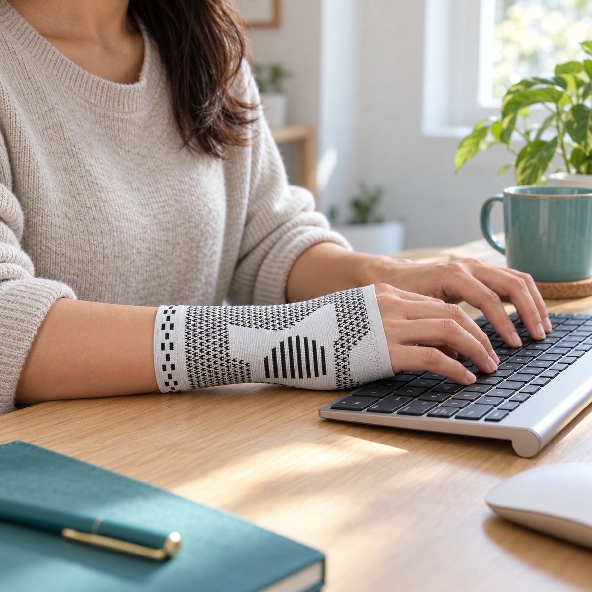 Person typing wearing a KneeGlide wrist sleeve