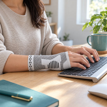 Person typing wearing a KneeGlide wrist sleeve