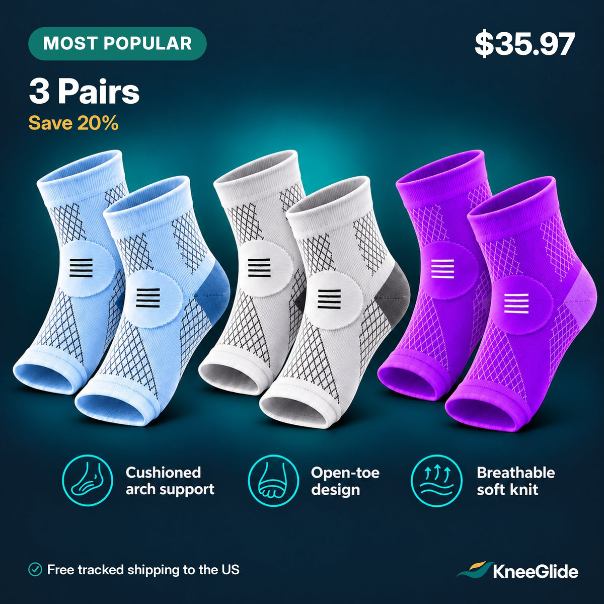 KneeGlide ankle socks, 3 pairs